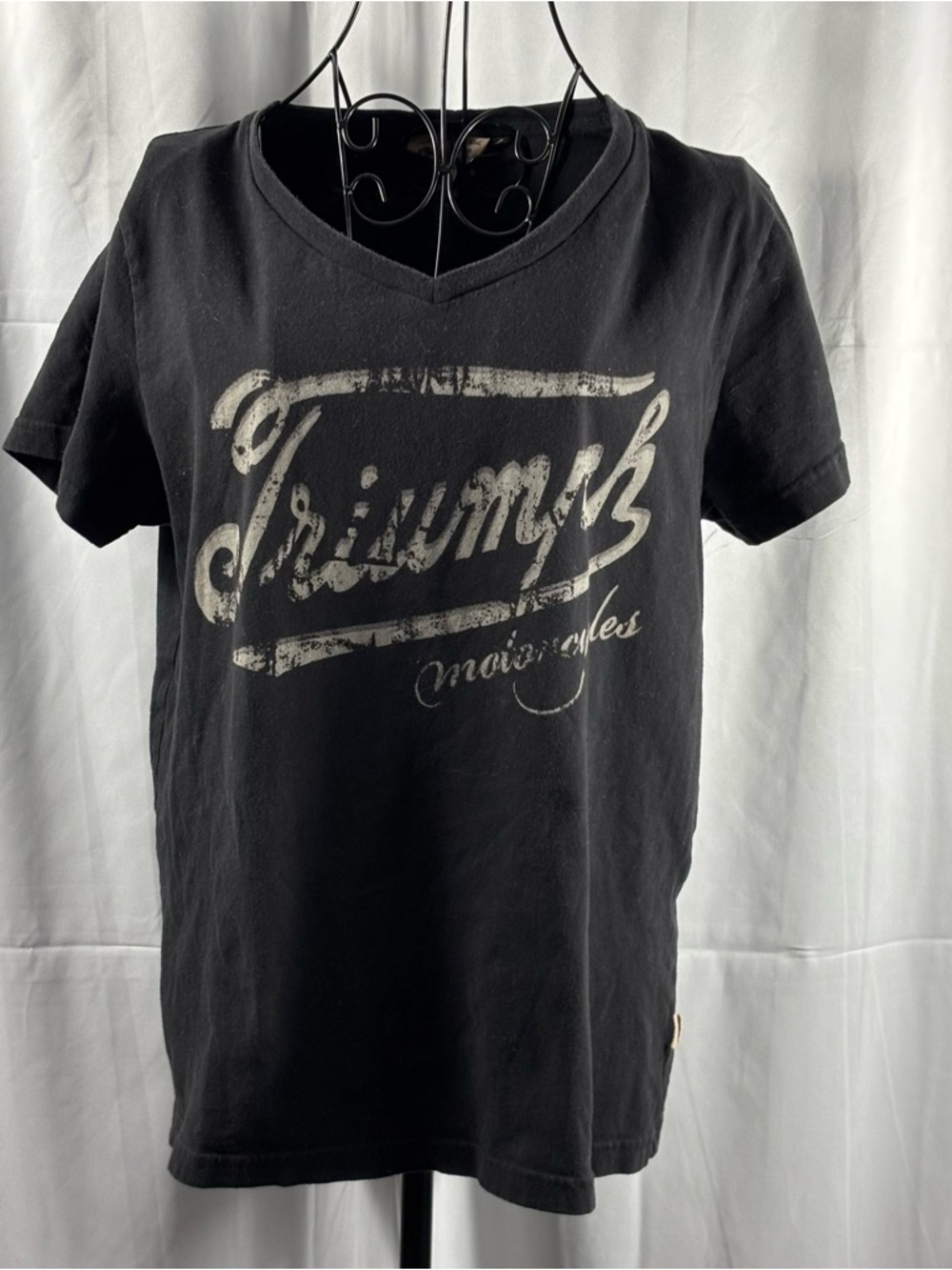 Triumph Black V-Neck Tee with White Distressed Logo vintage